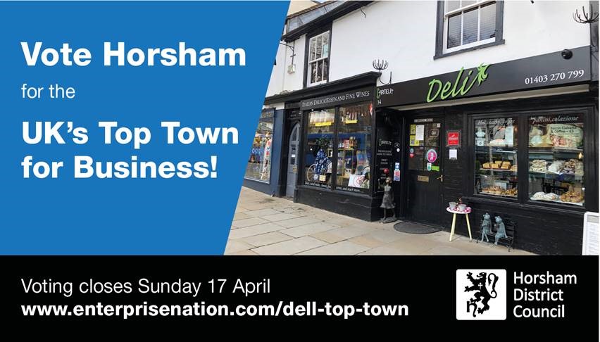 Poster asking to vote for Horsham - Voting closing date 17th April 2022. Picture of local shop in Horsham.